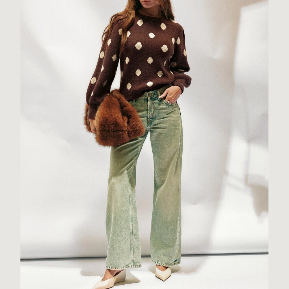 Brown Polka Dot Knit Sweater with Puff Sleeves and Round Neck - Picture 7 of 7